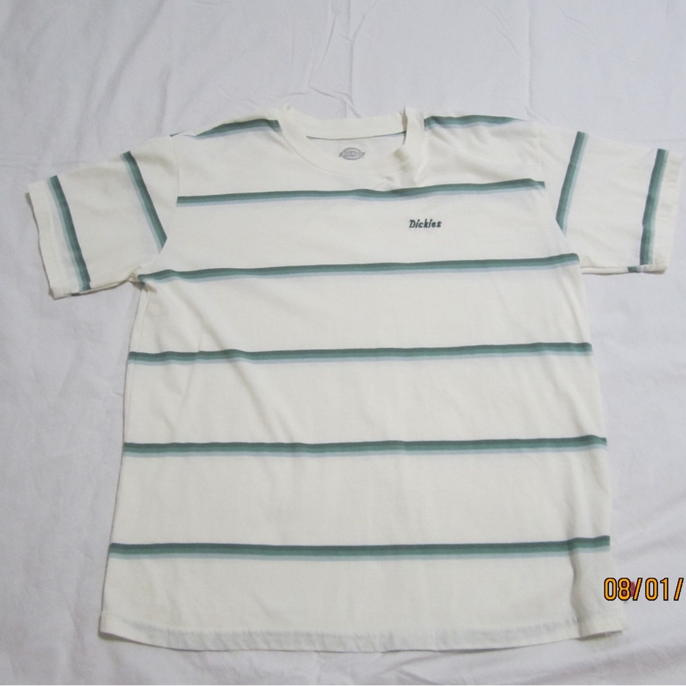 Dickies off white and green striped shirt with Dickies logo embroidered! Size S